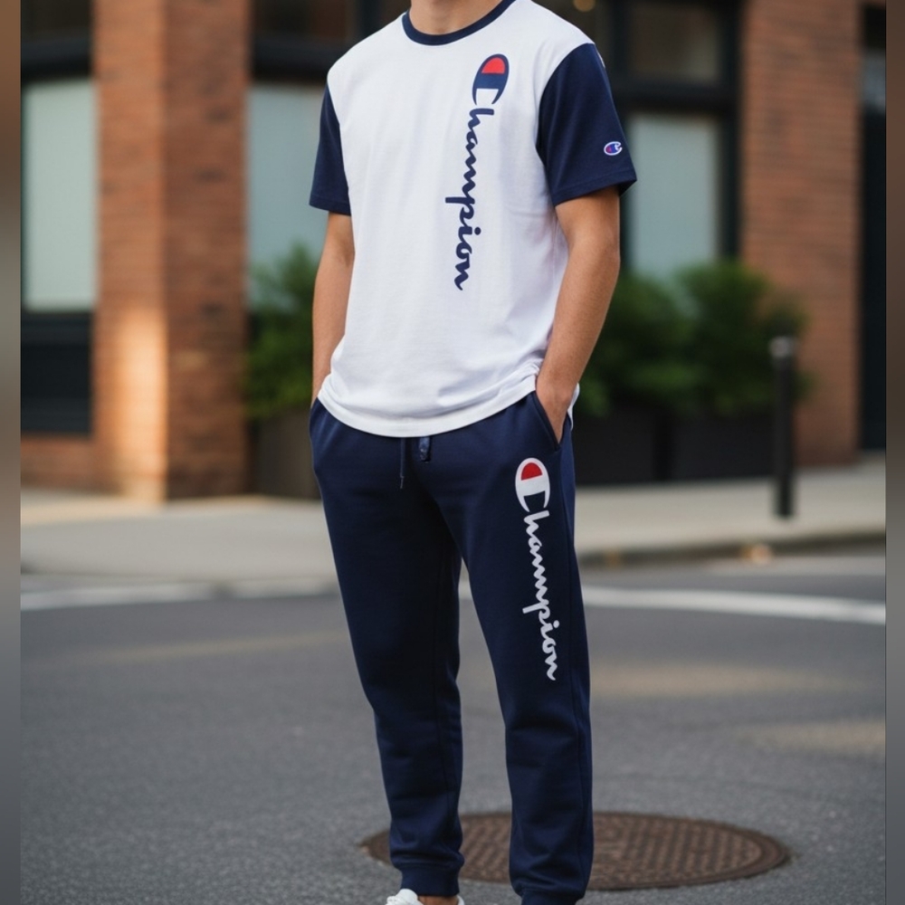 💥Champion Kids' Sweat Pants and Tshirt Set in White and Navy
